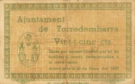 Аверс банкноты 25 сантимов Торредембарра (Испания) 1937 года