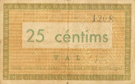 Реверс банкноты 25 сантимов Торредембарра (Испания) 1937 года