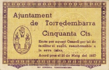 Аверс банкноты 50 сантимов Торредембарра (Испания) 1937 года
