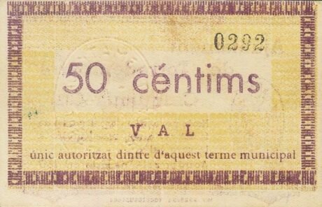 Реверс банкноты 50 сантимов Торредембарра (Испания) 1937 года