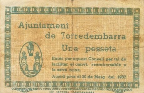 Аверс банкноты 1 песета Торредембарра (Испания) 1937 года
