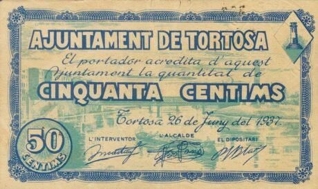 Аверс банкноты 50 сантимов Тортоса (Испания) 1937 года