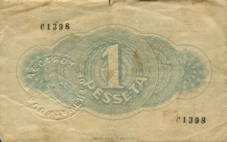 Реверс банкноты 1 peseta Tortosa (Hiszpania) 1937