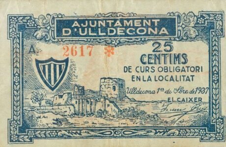 Аверс банкноты 25 centymów Uldecona (Hiszpania) 1937