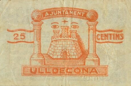 Реверс банкноты 25 centymów Uldecona (Hiszpania) 1937