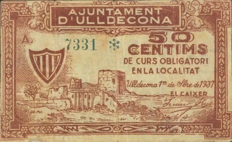 Аверс банкноты 50 centymów Uldecona (Hiszpania) 1937