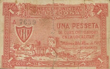 Аверс банкноты 1 peseta Uldecona (Hiszpania) 1937