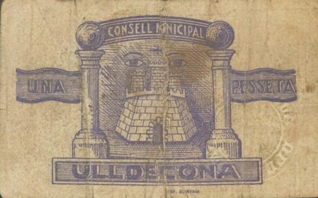 Реверс банкноты 1 peseta Uldecona (Hiszpania) 1937