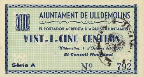 Аверс банкноты 25 сантимов Ульдемолинс (Испания) 1937 года