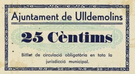 Реверс банкноты 25 сантимов Ульдемолинс (Испания) 1937 года