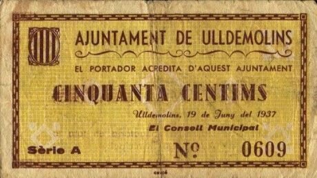 Аверс банкноты 50 centymów uldemolinów (Hiszpania) 1937