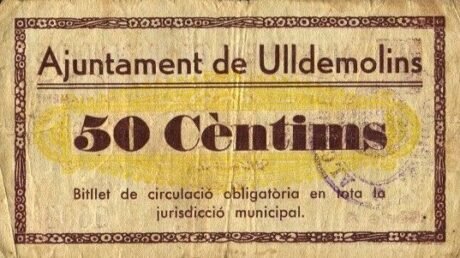 Реверс банкноты 50 centymów uldemolinów (Hiszpania) 1937