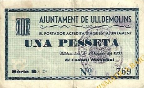 Аверс банкноты 1 peseta Uldemolins (Spain) 1937
