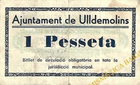 Реверс банкноты 1 peseta Uldemolins (Spain) 1937