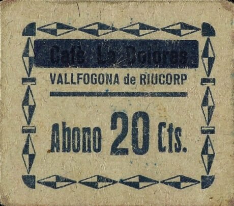 Аверс банкноты 20 centymów Valfogona de Riucorp (Hiszpania)