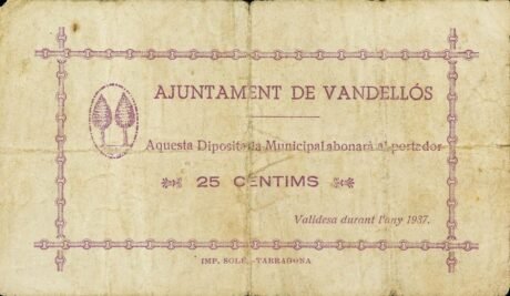 Аверс банкноты 25 сантимов Ванделлос (Испания) 1937 года