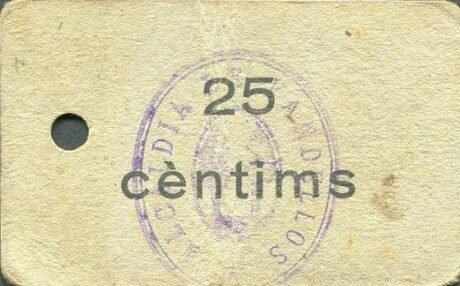 Реверс банкноты 25 centymów Vandellos (Hiszpania) 1937