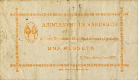 Аверс банкноты 1 peseta Vandellos (Hiszpania) 1937