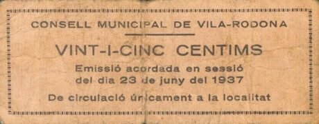 Реверс банкноты 25 centymów Vila Rodona (Hiszpania) 1937