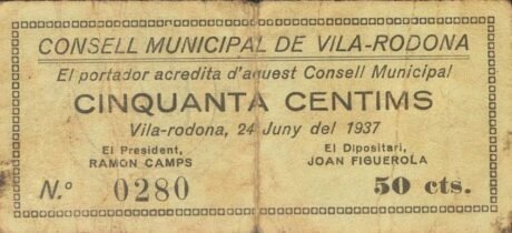 Аверс банкноты 50 centymów Vila Rodona (Hiszpania) 1937