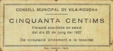 Реверс банкноты 50 centymów Vila Rodona (Hiszpania) 1937