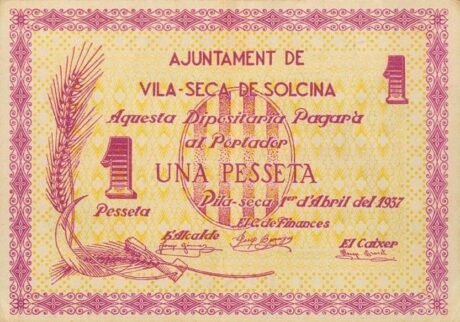 Аверс банкноты 1 песета Вила-сека де Сольчина (Испания) 1937 года