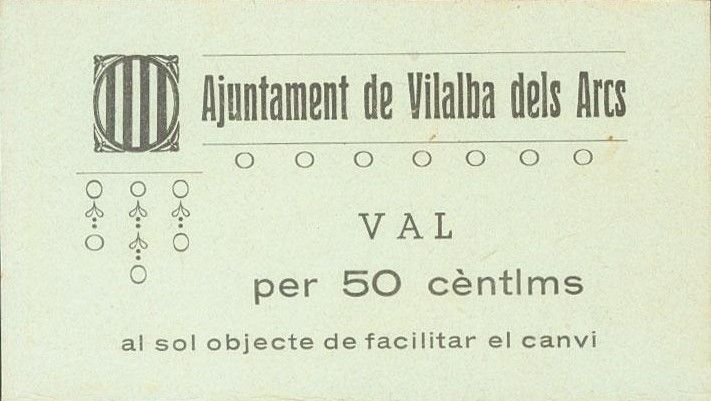 Аверс банкноты 50 сантимов Вилальба дель Аркс (Испания) 1937 года