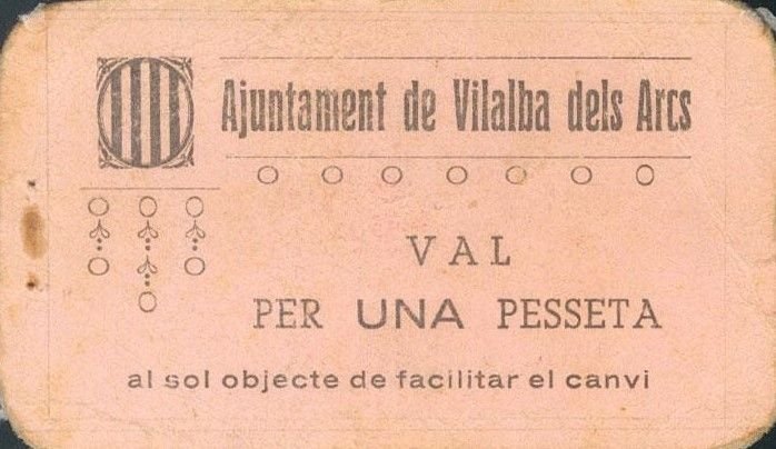 Аверс банкноты 1 песета Вилальба дель Аркс (Испания) 1937 года