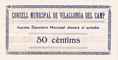 Аверс банкноты 50 сантимов Вильялонга-дель-Камп (Испания)