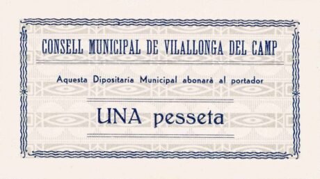 Аверс банкноты 1 песета Вильялонга-дель-Камп (Испания)