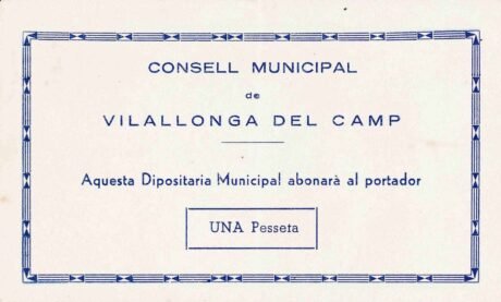 Аверс банкноты 1 peseta Villalonga del Camp (Hiszpania) 1937