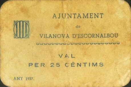 Аверс банкноты 25 centymów Vilanova d'Escornalbu (Hiszpania) 1937