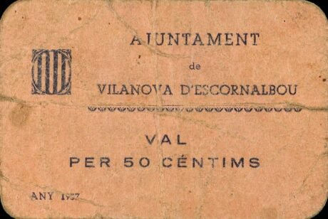 Аверс банкноты 50 centymów Vilanova d'Escornalbu (Hiszpania) 1937