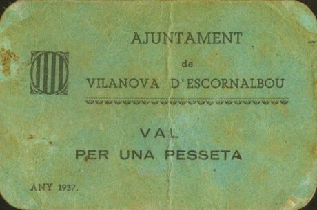 Аверс банкноты 1 peseta Vilanova d'Escornalbu (Hiszpania) 1937