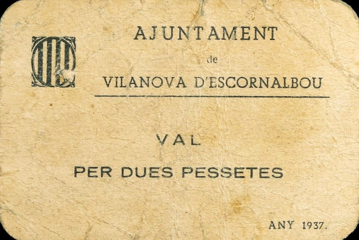 Аверс банкноты 2 песеты Виланова д'Эскорнальбу (Испания) 1937 года