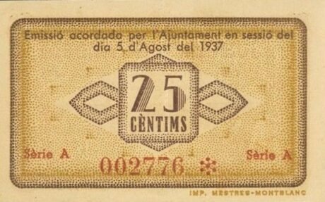 Реверс банкноты 25 сантимов Вимбоди (Испания) 1937 года