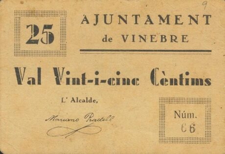 Аверс банкноты 25 centymów Vinebre (Hiszpania)