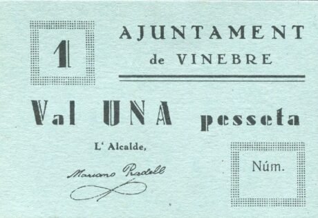 Аверс банкноты 1 Peseta Vinebra (Hiszpania)