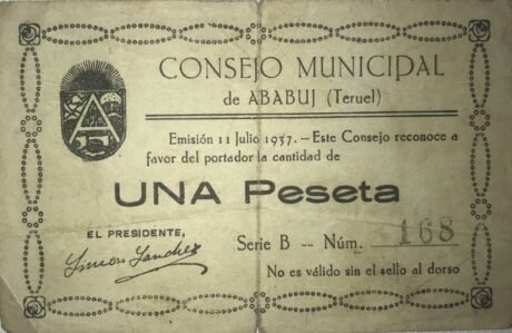 Аверс банкноты 1 песета Абабудж (Испания) 1937 года