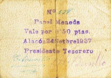 Аверс банкноты 0,50 песетас Алакон (Испания) 1937 года