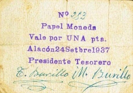 Аверс банкноты 1 peseta Alacón (Spain) 1937