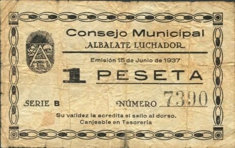 Аверс банкноты 1 Peseta Albalate Luchador (Hiszpania) 1937