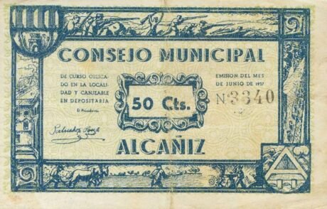 Аверс банкноты 50 сантимов Альканьис (Испания) 1937 года