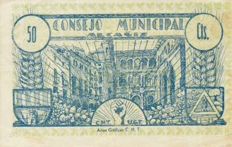 Реверс банкноты 50 сантимов Альканьис (Испания) 1937 года