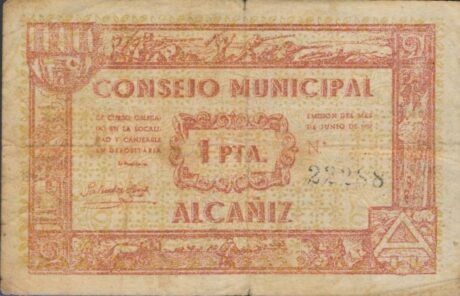 Аверс банкноты 1 peseta Alcañiz (Hiszpania) 1937