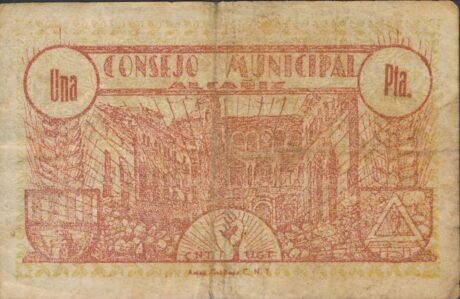 Реверс банкноты 1 peseta Alcañiz (Hiszpania) 1937