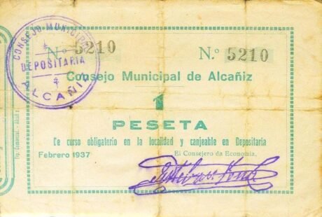 Аверс банкноты 1 peseta Alcañiz (Hiszpania) 1937