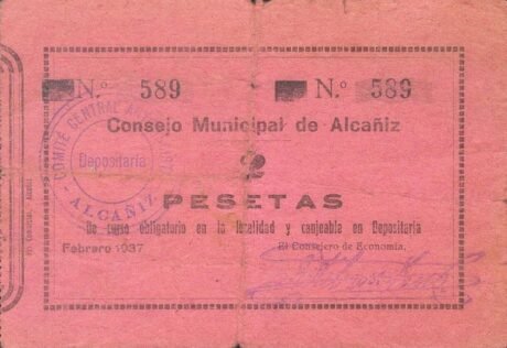 Аверс банкноты 2 pesety Alcañiz (Hiszpania) 1937