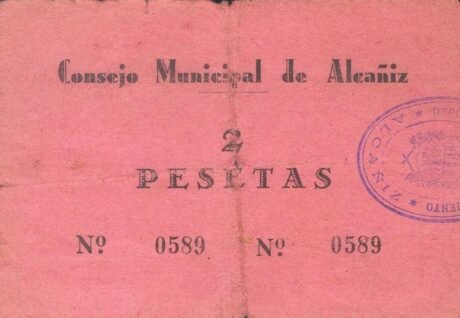 Реверс банкноты 2 pesety Alcañiz (Hiszpania) 1937