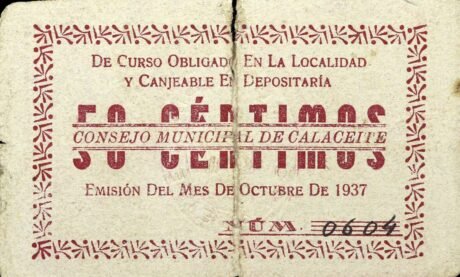 Аверс банкноты 50 centymów Calaseit (Hiszpania) 1937